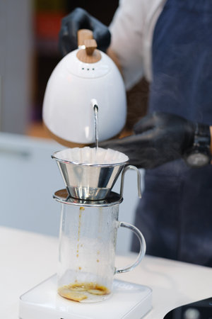 Drip brew coffee on the white tableの写真素材