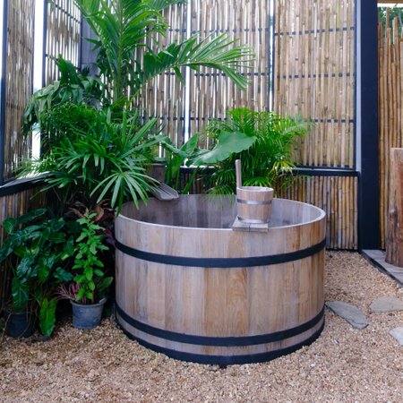 Japanese  open air Bath in the hotelの写真素材