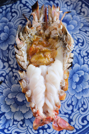 river prawns grill on dish at Thailand seafood restaurantの写真素材