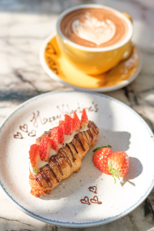 strawberry and fresh cream croissant with hot mochaの写真素材