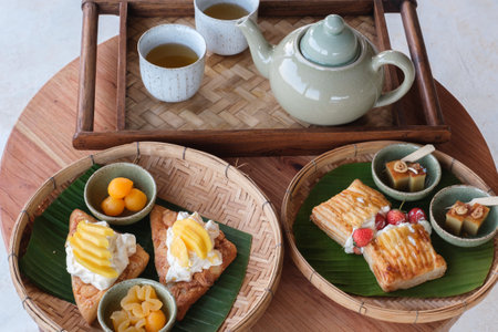 afternoon tea with bakery in the hotelの写真素材