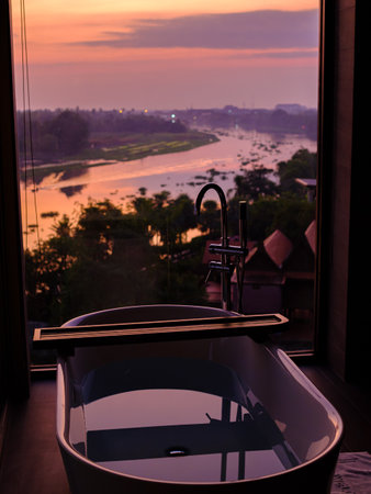 Bathroom interior with river viewの写真素材