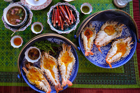 river prawns grill on dish at Thailand seafood restaurantの写真素材