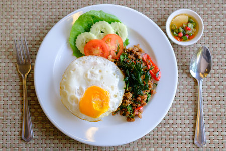 Stir Fried Basil with Pork and a fried egg on the tableの写真素材