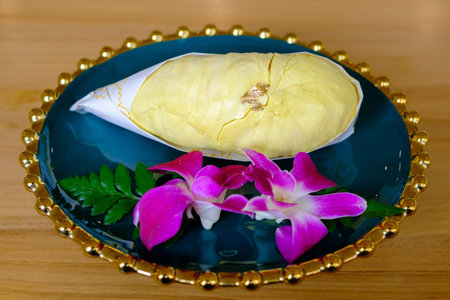 peace of durian fruit on blue  plateの写真素材