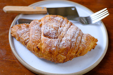 one croissants on white plateの写真素材