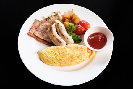 American breakfast with eggs, baconの写真素材