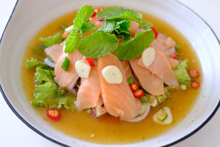 Hot and spicy salmon saladの写真素材