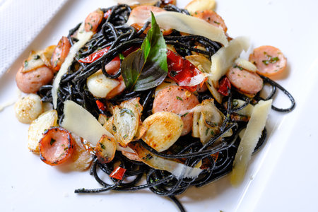 black spaghetti with hotdogs on white plateの写真素材