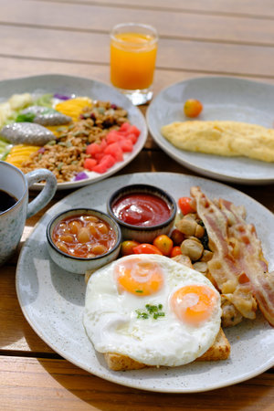 Breakfast set   on wooden tableの写真素材