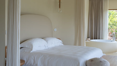 bedroom interior with bathtubの写真素材