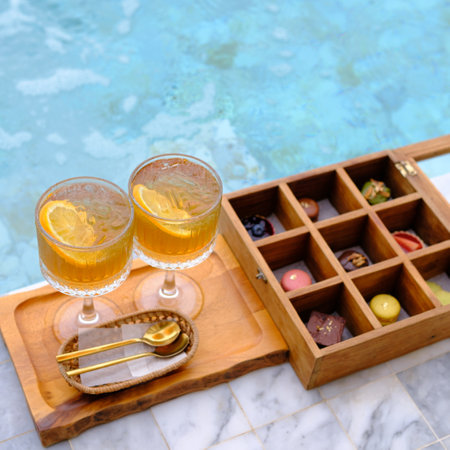 lemon tea juice with chocolate near the poolの写真素材