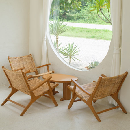 Wooden table with chairs in the coffee shopの写真素材