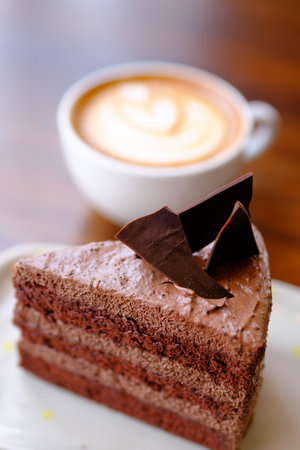 chocolate cake with mocha on the tableの写真素材