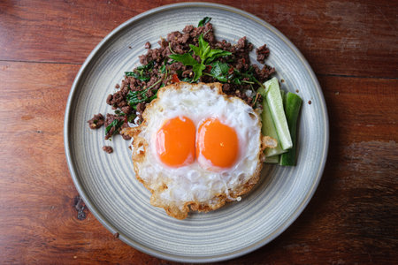 Thai basil minced beef on the tableの写真素材