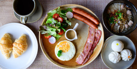 american breakfast on the tableの写真素材