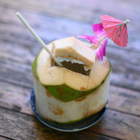 coconut  water on wood tableの写真素材