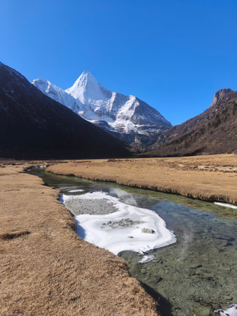 Beautiful nature and landscapes such as Snow mountains peak, meadows  and river .の写真素材