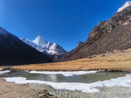 Beautiful nature and landscapes such as Snow mountains and meadows. closeup of photo.の写真素材