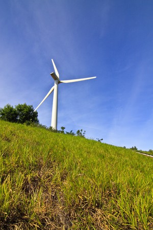 Wind turbine with blue sky backgroundの写真素材