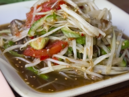 Green papaya salad is the most popular dish among women in Thailand according to a survey I heard on TV there  It is a Northeastern food that is eaten with sticky rice and other Northeastern dishes such as laab, beef salad and bamboo shoot salad の写真素材