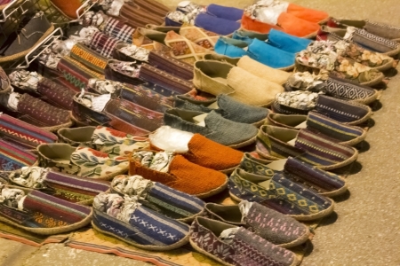 Handmade shoes in night sales at walking street Pai, Mae Hong Son Province Thailandの写真素材