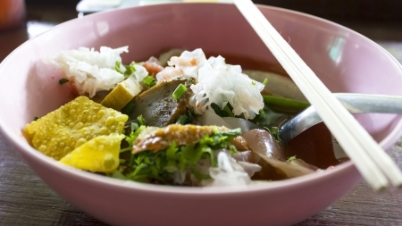 Seafood yong tau foo  rice noodles with fishball の写真素材