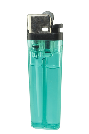 A used butane green lighter - Green lighter isolated on the white background.の写真素材