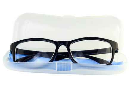 Eye glasses, Black eye glasses on cover of case isolated on white background.の写真素材