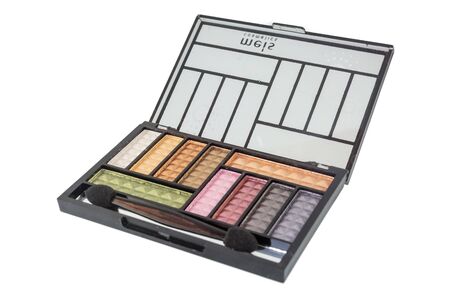 Colorful eye shadows palette with makeup brush  isolated on white background.の写真素材