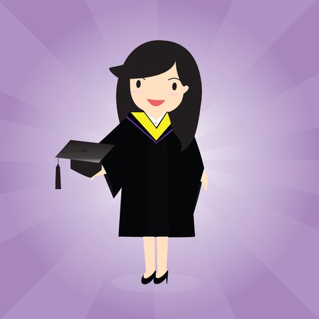 Happy female graduate in academic dress holding mortarboard.のイラスト素材