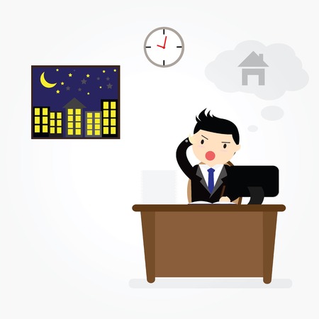 Businessman hard work on office  in office with speech bubble gonna go homeのイラスト素材