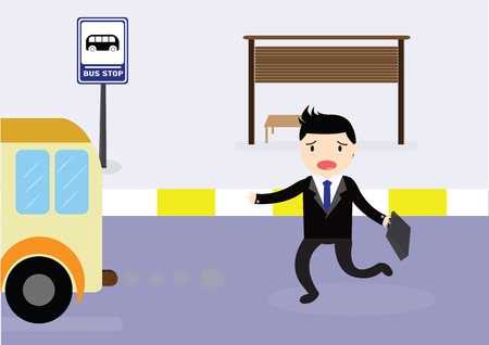 Businessman arriving too late at bus stop he runs the bus.のイラスト素材