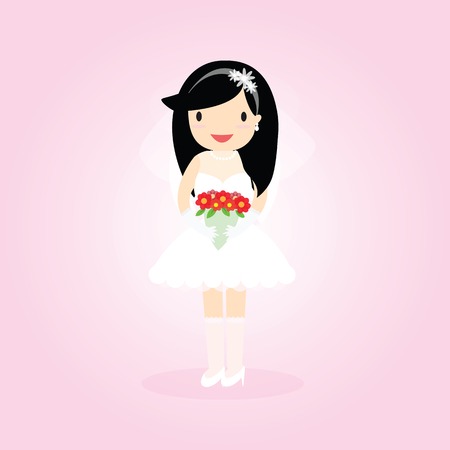 Cartooning bride on pink ornamental background.のイラスト素材