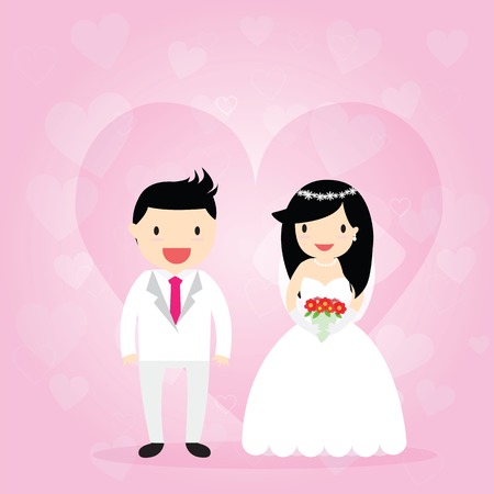 Cartooning bride and groom on pink ornamental background.のイラスト素材