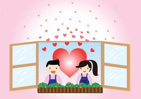 Boys and girls are in love, looking through the window.のイラスト素材