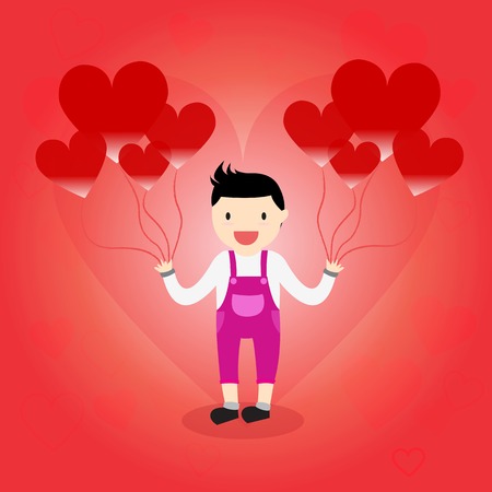 Boy is in love holding a heart balloon.   Valentine's Day cardのイラスト素材