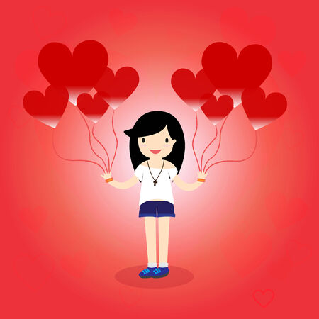 Girl is in love holding a heart balloon.   Valentine's Day cardのイラスト素材