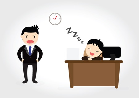 Exhausted businessman falling sleep at his office desk while angry boss is standingのイラスト素材