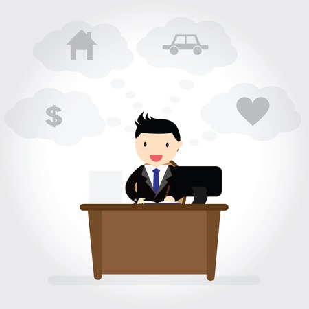 Businessman  thinking and dreaming of having house, car, love and saving money.のイラスト素材