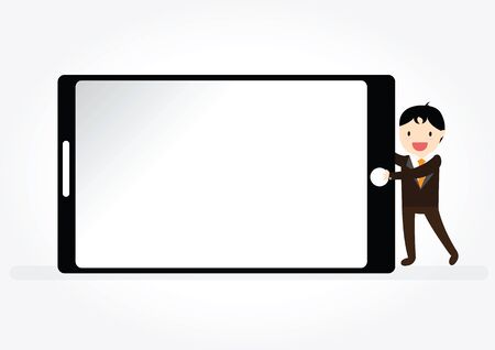 Businessman character pointing on empty screen with space smartphone in flat style suited for presentation of new application or advertising designのイラスト素材
