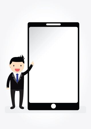 Businessman character pointing on empty screen with space smartphone in flat style suited for presentation of new application or advertising designのイラスト素材