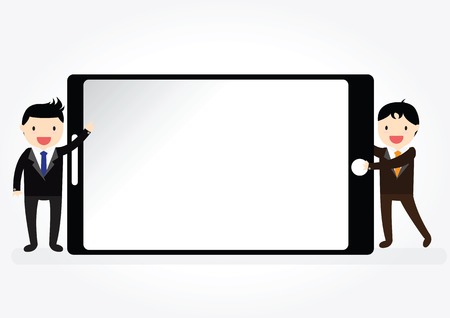 Businessman character pointing on empty screen with space smartphone in flat style suited for presentation of new application or advertising designのイラスト素材
