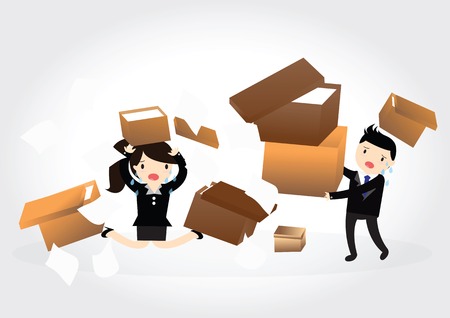 Accident with some businessman and business woman carrying a pile of cardboard boxesのイラスト素材