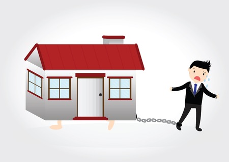 Businessman with debt chained on ankle and a houseのイラスト素材