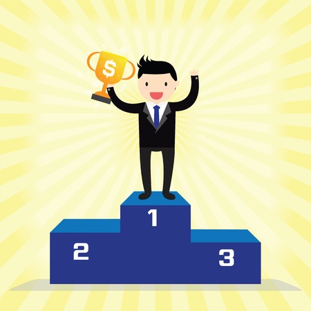 Businessman winner standing in first place on a podium holding up trophyのイラスト素材