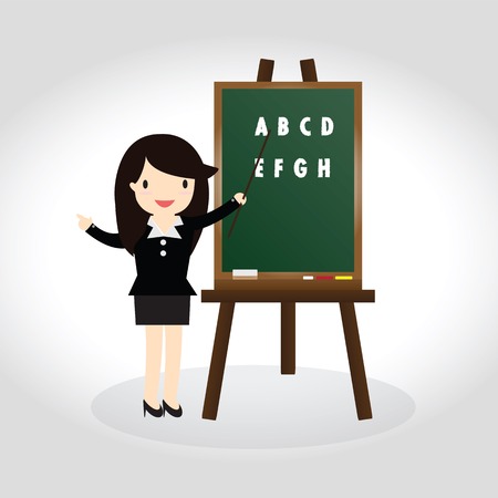 Teacher standing next to blackboard during a english class and pointing handのイラスト素材