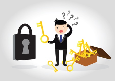 Business are confused to find the key to open the lock.のイラスト素材