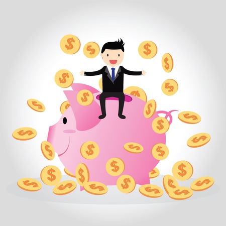 Happy businessman with golden coins on big piggy bank.のイラスト素材