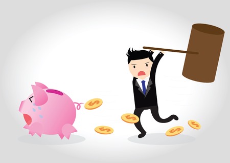 Businessman breaking piggy bank with coins  by big hammerのイラスト素材